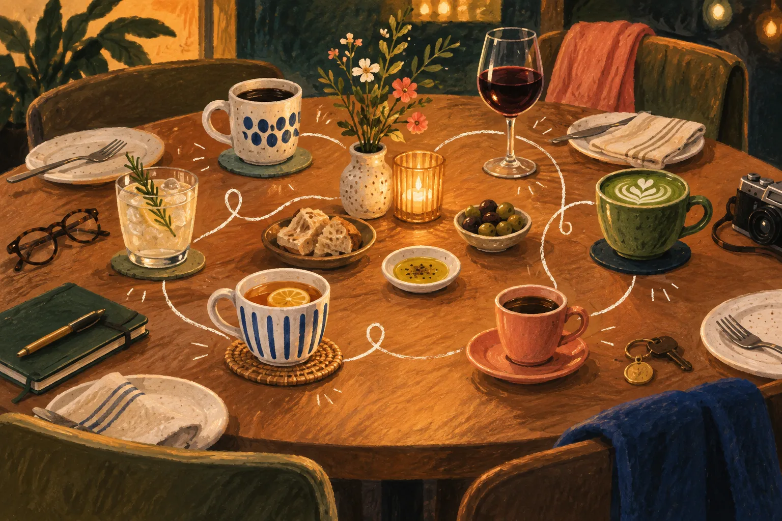 Six places arranged around a shared dinner table