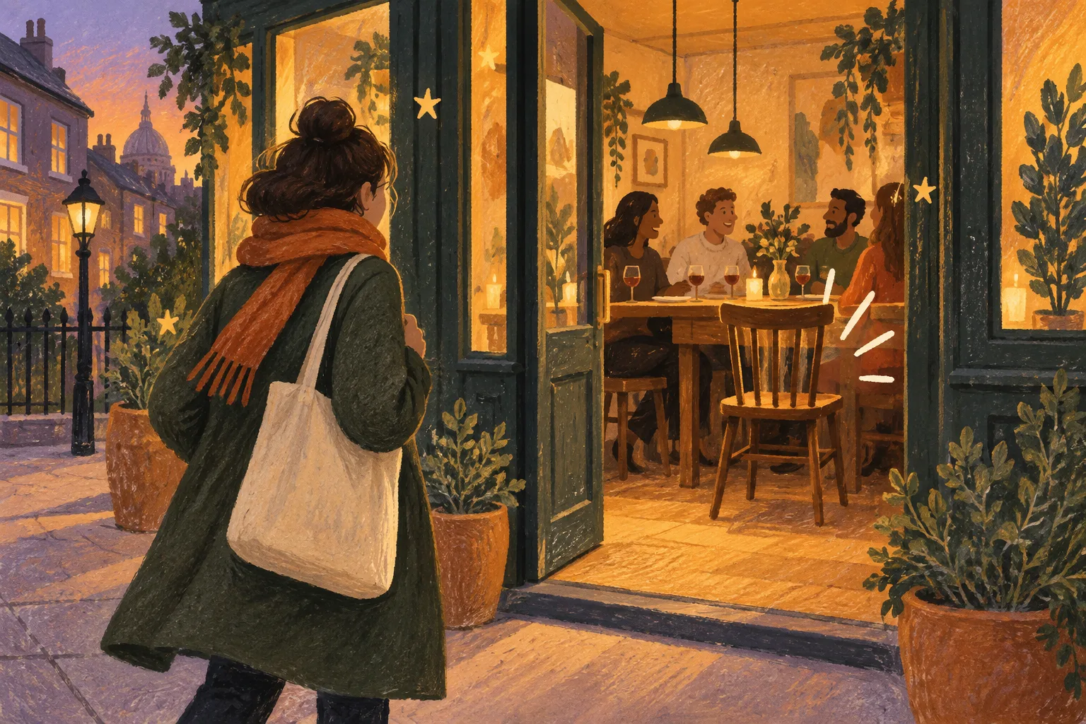 A woman arriving at a restaurant to meet her dinner group